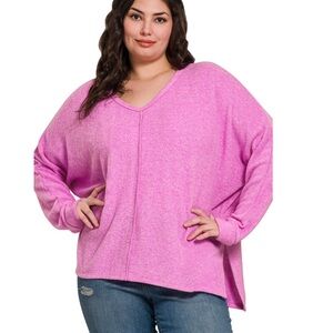 SWEATER -FREE SHIP MAUVE PLUS SIZE V-NECK CENTER SEAM SWEATER